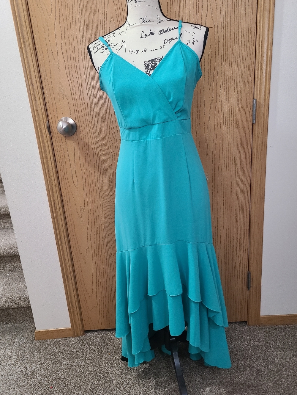 Turquoise High Low Ruffle Spaghetti Strap Open Back Wedding Guest Maxi Sun Dress - Picture 2 of 4